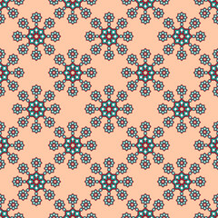 Seamless geometric print, bright curly stars in turquoise and red with white tones, apricot background.
