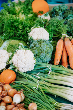Heap of various fresh natural organic vegetables and green herbs placed on seasonal market stall