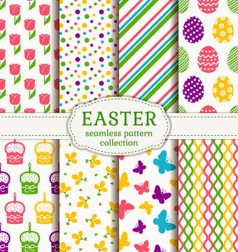 Easter backgrounds set. Collection of seamless patterns. Vector.