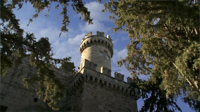 Rhodes Greece : Time-Lapse of a Medieval tower in the old town next to the Grand Palace 