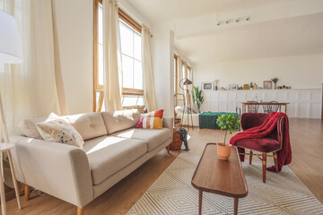 Vintage studio apartment interior in light colors in old style. huge room with large windows with a living room area and a bedroom area. direct sunlight inside.
