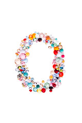 Letter O made from beautiful glass bright gems or crystals on isolated white background