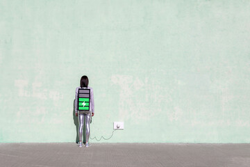 Back view of unrecognizable female with long dark hair in stylish outfit standing on street near wall with battery shaped backpack connected to charger