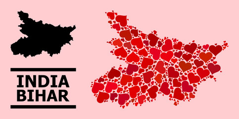 Love collage and solid map of Bihar State on a pink background. Collage map of Bihar State is designed with red lovely hearts. Vector flat illustration for marriage concept illustrations.