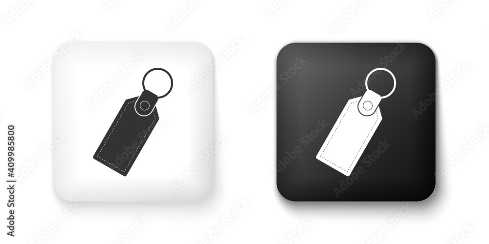 Poster black and white rectangular key chain with ring for key icon isolated on white background. square bu