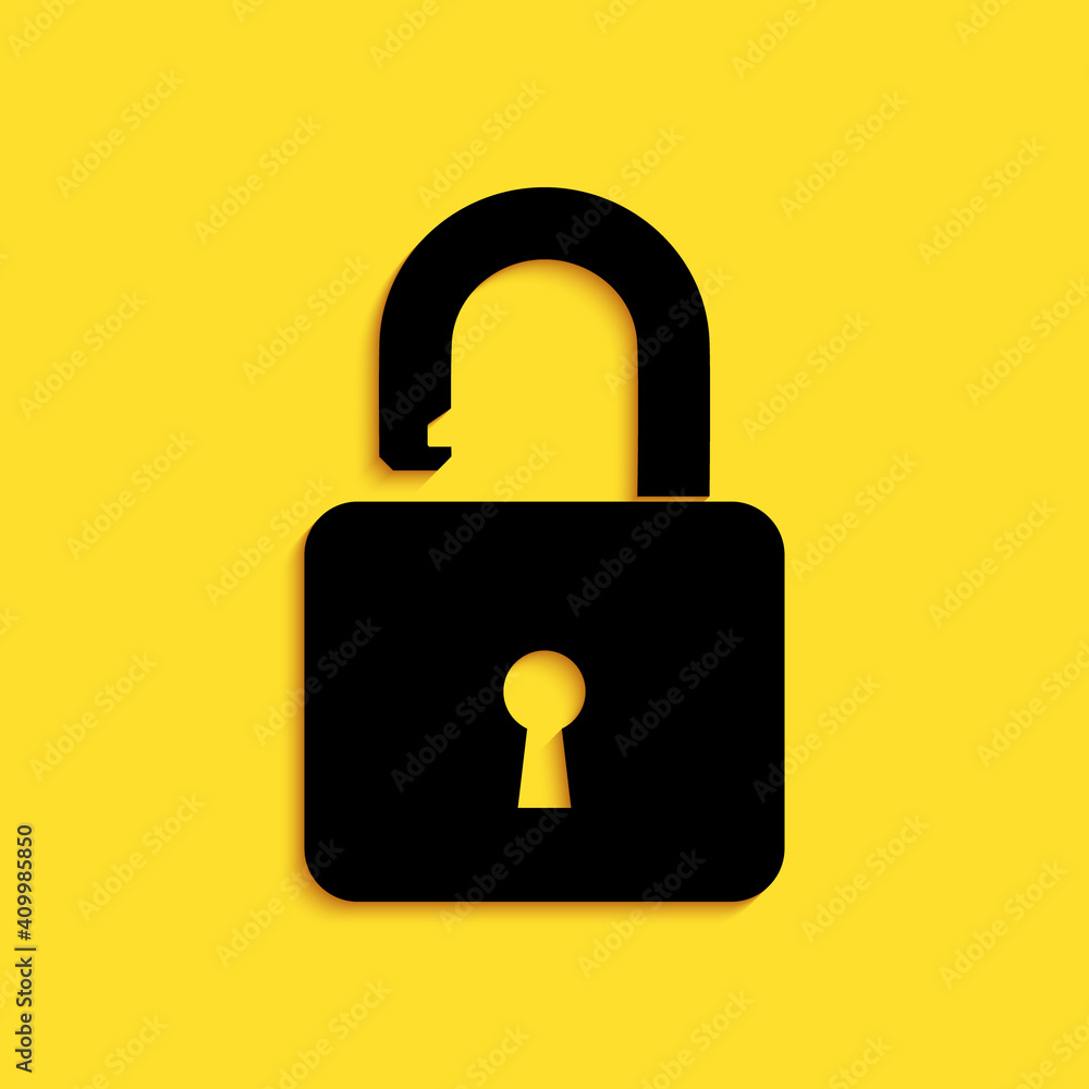 Poster black open padlock icon isolated on yellow background. opened lock sign. cyber security concept. dig