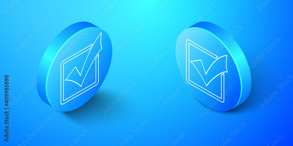Poster isometric check mark in a box line icon isolated on blue background. tick symbol. check list button 
