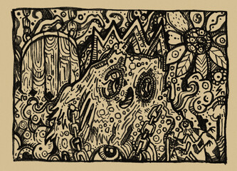 Abstract doodle textured illustration from sketchbook with monster in a crown. 