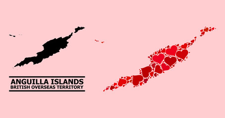 Love mosaic and solid map of Anguilla Islands on a pink background. Mosaic map of Anguilla Islands composed with red lovely hearts. Vector flat illustration for love conceptual illustrations.