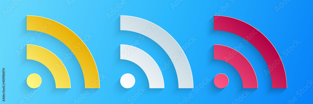 Poster paper cut rss icon isolated on blue background. radio signal. rss feed symbol. paper art style. vect