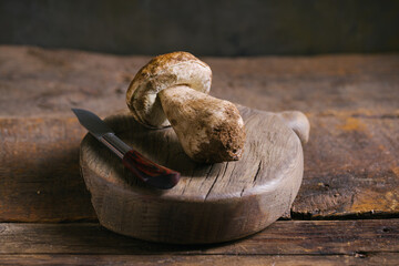 Composition of raw whole porcini or cep mushrooms with knife and cutting board on wooden rustic table