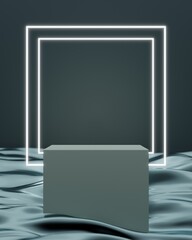 Modern petrol blue marble podium on blue background. Minimal stage background for product presentation. Square light and wave water shape. 3d rendering