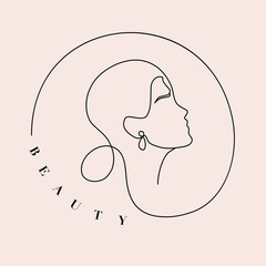 Vector abstract logo in trendy linear minimalist style, emblem for beauty and cosmetics studio - female portrait, beautiful female face - icon for makeup artist, fashion
