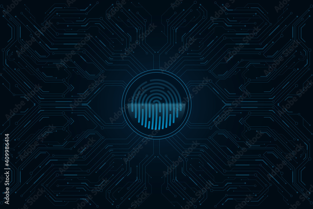 Poster futuristic fingerprint biometric data security. big data cpu. glowing blue hud round element. scan u