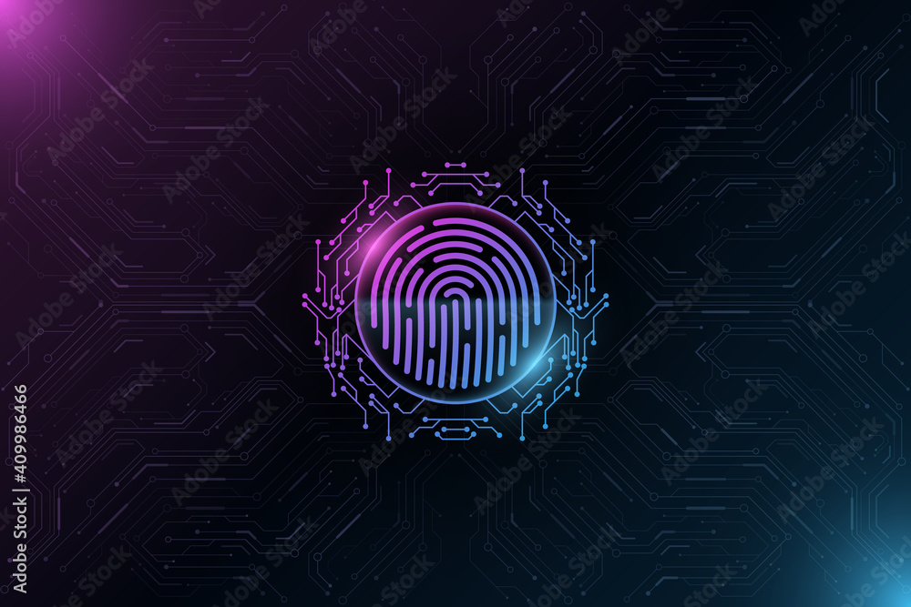 Poster futuristic fingerprint. biometric data security. big data cpu. glowing blue and purple hud round ele