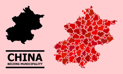 Love pattern and solid map of Beijing Municipality on a pink background. Mosaic map of Beijing Municipality is composed from red love hearts. Vector flat illustration for love abstract illustrations.