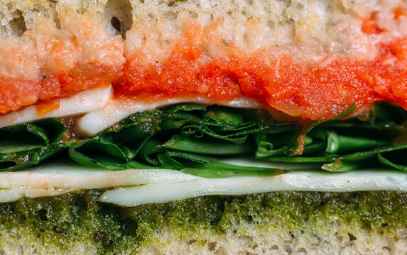 Macro image of healthy sandwich turkey with pesto sauce