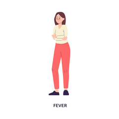 Woman having fever of flu or infection, flat vector illustration isolated.
