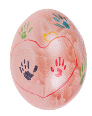 pink painted easter egg with hand imprints on white