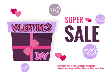 Festive banner for valentines day. Gift in box, decor hearts, balloons, discounts, percentages, text. Vector illustration for design holiday sales, magazines, websites, stickers in trendy pink, purple