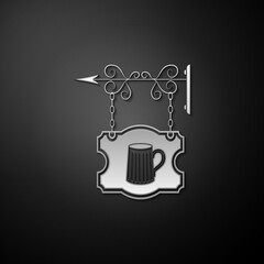 Silver Street signboard on forged brackets with wooden mug of beer icon isolated on black background. Suitable for bar, tavern, cafe, pub, restaurant. Long shadow style. Vector.
