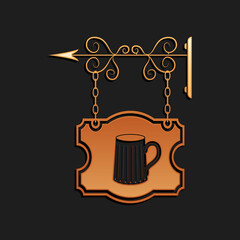 Gold Street signboard on forged brackets with wooden mug of beer icon isolated on black background. Suitable for bar, tavern, cafe, pub, restaurant. Long shadow style. Vector.