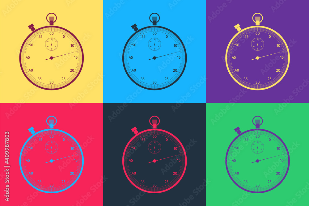 Poster pop art classic stopwatch icon isolated on color background. timer icon. chronometer sign. vector.
