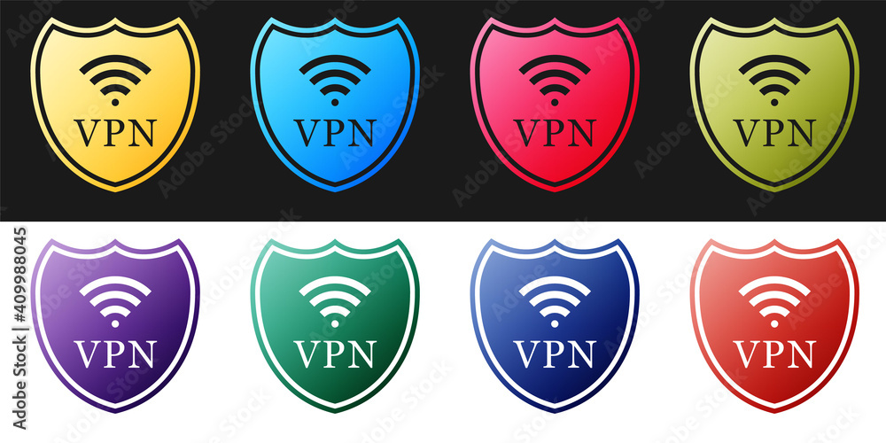 Poster set shield with vpn and wifi wireless internet network icon isolated on black and white background. 