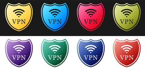 Set Shield with VPN and WiFi wireless internet network icon isolated on black and white background. VPN protect safety. Virtual private network for security. Vector.