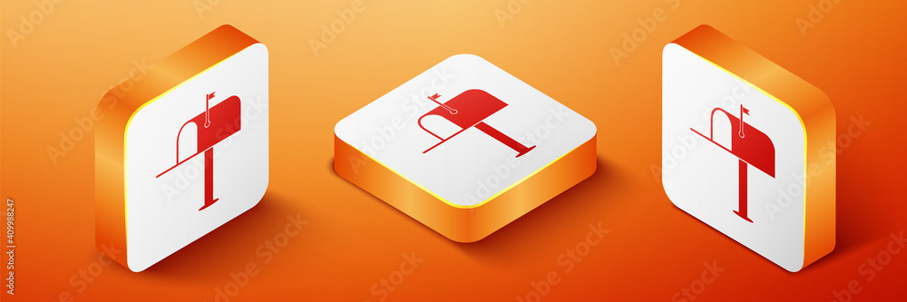 Poster isometric open mail box icon isolated on orange background. mailbox icon. mail postbox on pole with 