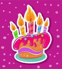 Sticker with Birthday cake and colorful candles