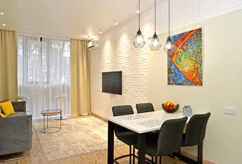 KALININGRAD, RUSSIA - JANUARY 28: Living room interior. Modern minimalism with loft elements