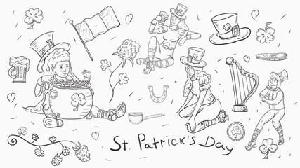 a large set of illustrations in the style of childrens doodles for the design of designs on the theme of the Irish holiday of St. Patricks Day