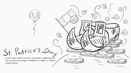 Contour illustration banner in the style of childrens doodles for decorating designs on the theme of St. Patricks Day shoes leprechaun shoes stand on a pile of gold coins