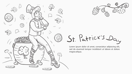 Fototapeta na wymiar Contour illustration banner in the style of childrens doodles for the design of designs on the theme of the holiday of St. Patricks day A leprechaun boy sits on a pot with gold coins
