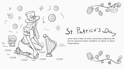 Contour illustration banner in the style of childrens doodles for the design of designs on the theme of the holiday of St. Patricks day A leprechaun girl sits next to a harp
