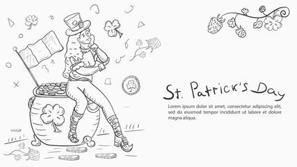 Fototapeta na wymiar Contour illustration banner in the style of childrens doodles for the design of designs on the theme of the holiday of St. Patricks day A leprechaun girl sits on a pot with gold coins