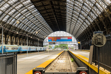 Panoramic view on a sunny day of one of the platforms of the Retiro railway terminal in Buenos...