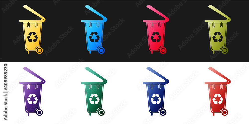 Poster set recycle bin with recycle symbol icon isolated on black and white background. trash can icon. gar