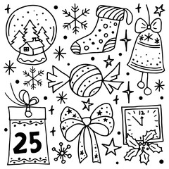 Set of Christmas celebration items. Drawn in outline in doodle style. Vector illustration.