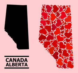 Love collage and solid map of Alberta Province on a pink background. Collage map of Alberta Province is formed with red lovely hearts. Vector flat illustration for dating conceptual illustrations.