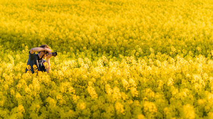 photographer taking photos in a mesmerizing yellow Rapeseed field with dense flowers