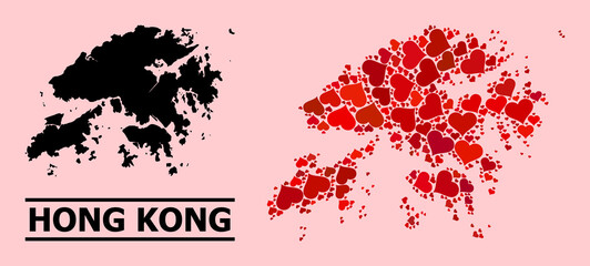Love mosaic and solid map of Hong Kong on a pink background. Mosaic map of Hong Kong is composed with red lovely hearts. Vector flat illustration for marriage conceptual illustrations.