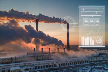 Emission to atmosphere from industrial pipes with cyberspace of digital display dashboard control...