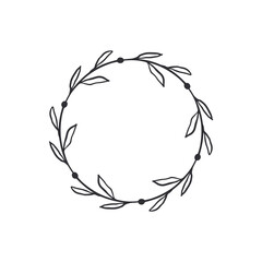 Fototapeta na wymiar Frame template. Wreath. Round frame with vine. Hand drawn floral wreaths. Vector hand drawn design element. Round border with space for text. Leaf wreath. Logo template. Plant frame. Flowers frame.