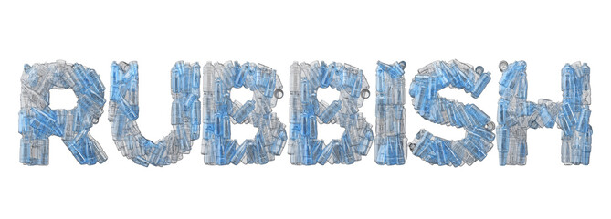 Rubbish word spelt out in empty plastic bottle font. 3D Rendering