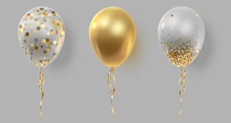 Fotobehang Set of three realistic ballons, gold, transparent with golden confetti, paper circles and ribbons. Vector illustration for card, party, design, flyer, poster, decor, banner, web, advertising.  © vector zėfirkã