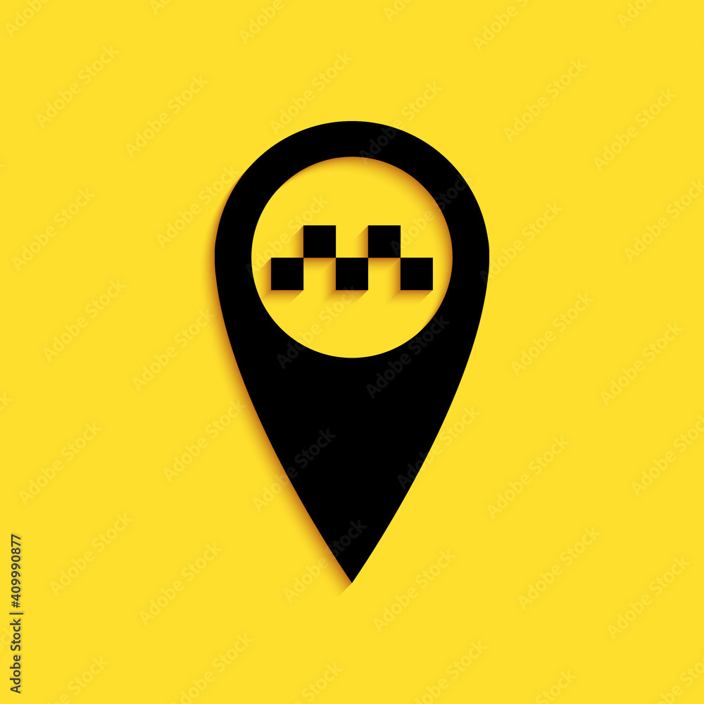 Poster black map pointer with taxi icon isolated on yellow background. long shadow style. vector.