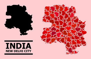 Love mosaic and solid map of New Delhi City on a pink background. Mosaic map of New Delhi City is designed with red lovely hearts. Vector flat illustration for marriage abstract illustrations.