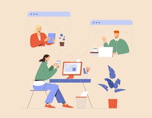 Video call, online business meeting. Remote work during quarantine. Vector illustration